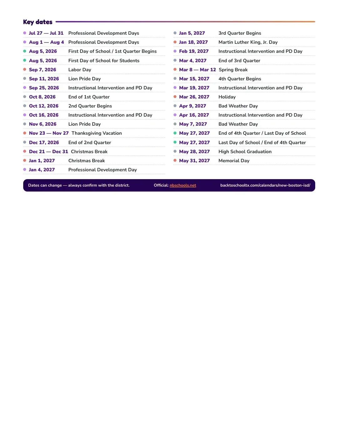 New Boston ISD Calendar for the Year 26-27 — key dates