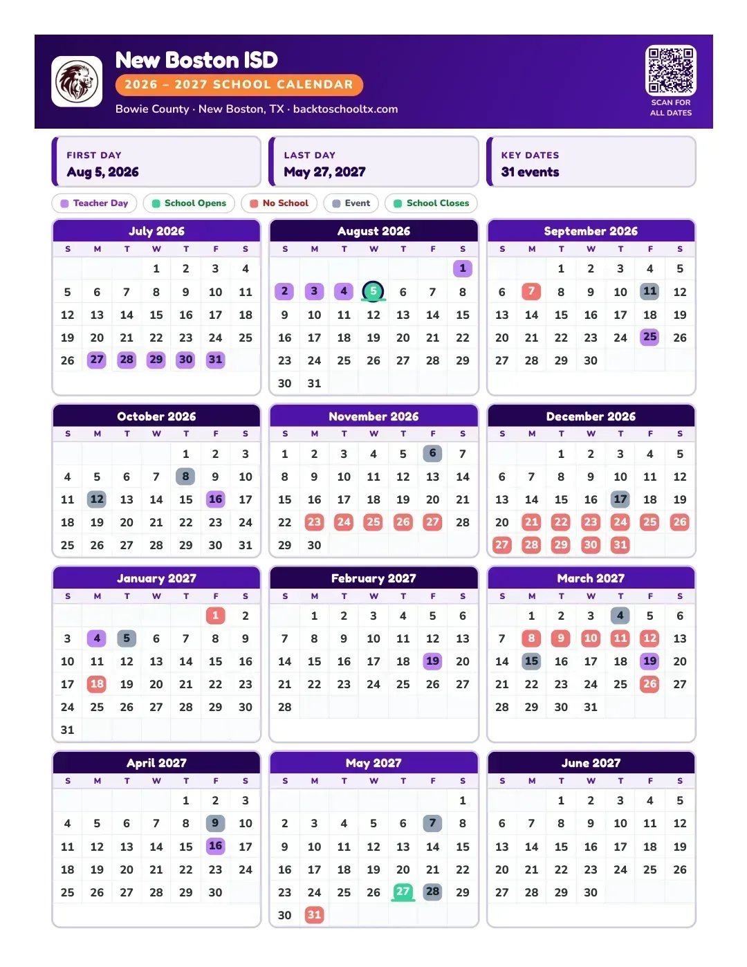 New Boston ISD Calendar for the Year 26-27