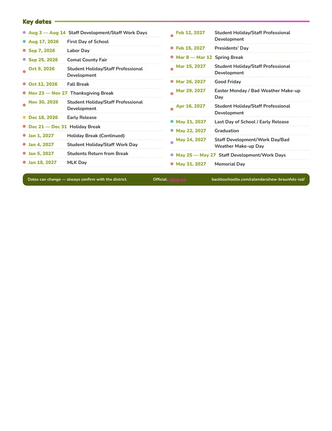 New Braunfels ISD Calendar for the Year 26-27 — key dates