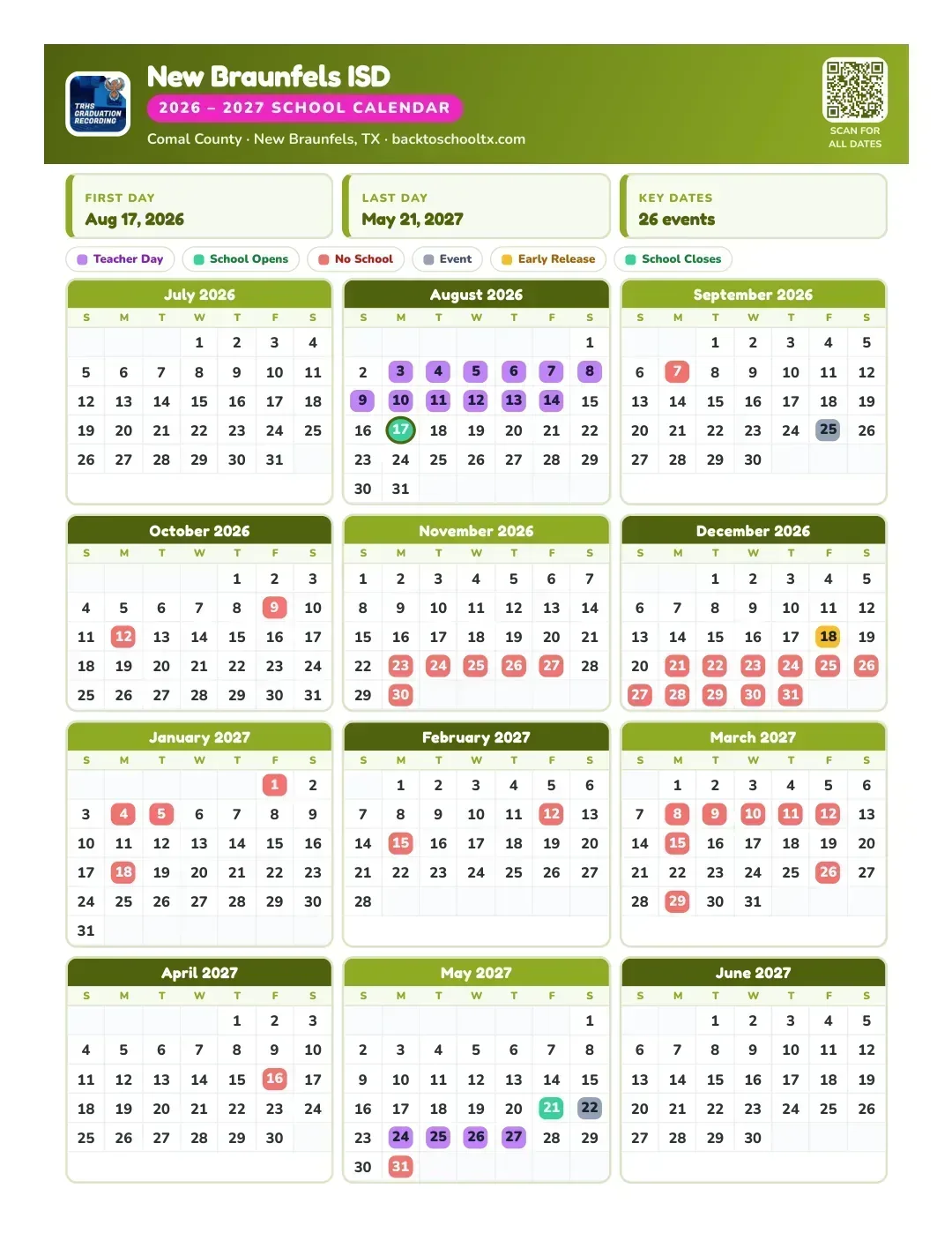 New Braunfels ISD Calendar for the Year 26-27
