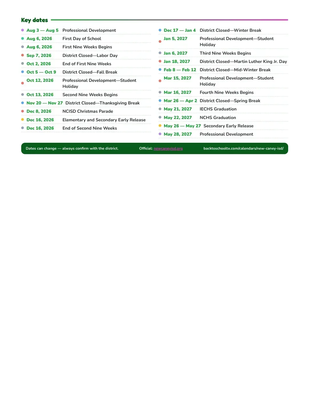 New Caney ISD Calendar for the Year 26-27 — key dates