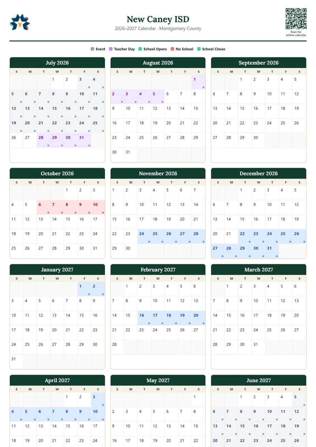 New Caney ISD printable 2026–2027 calendar