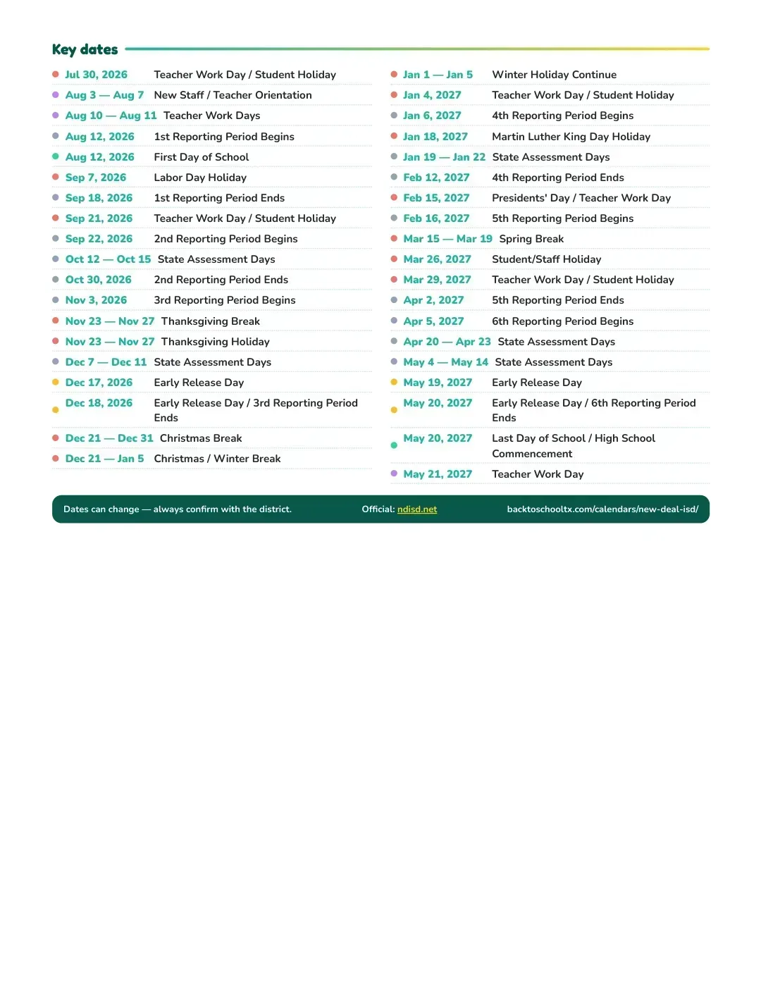 New Deal ISD Calendar for the Year 26-27 — key dates