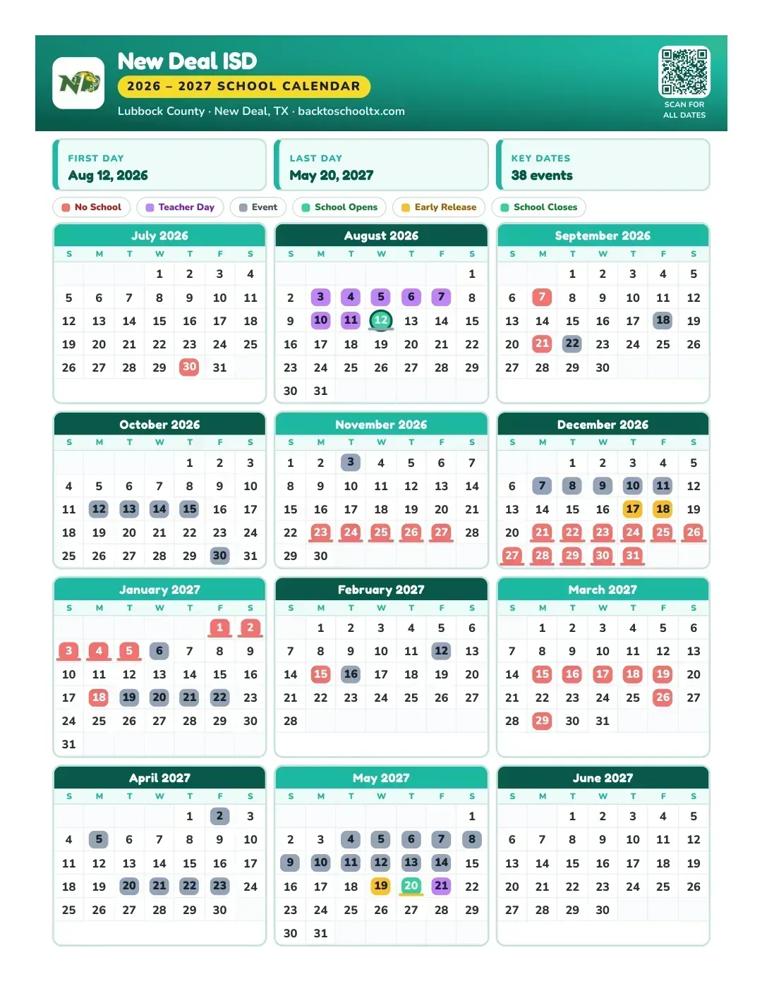 New Deal ISD Calendar for the Year 26-27