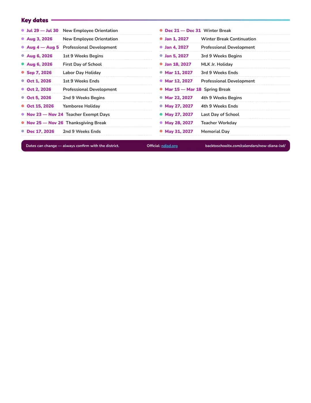 New Diana ISD Calendar for the Year 26-27 — key dates