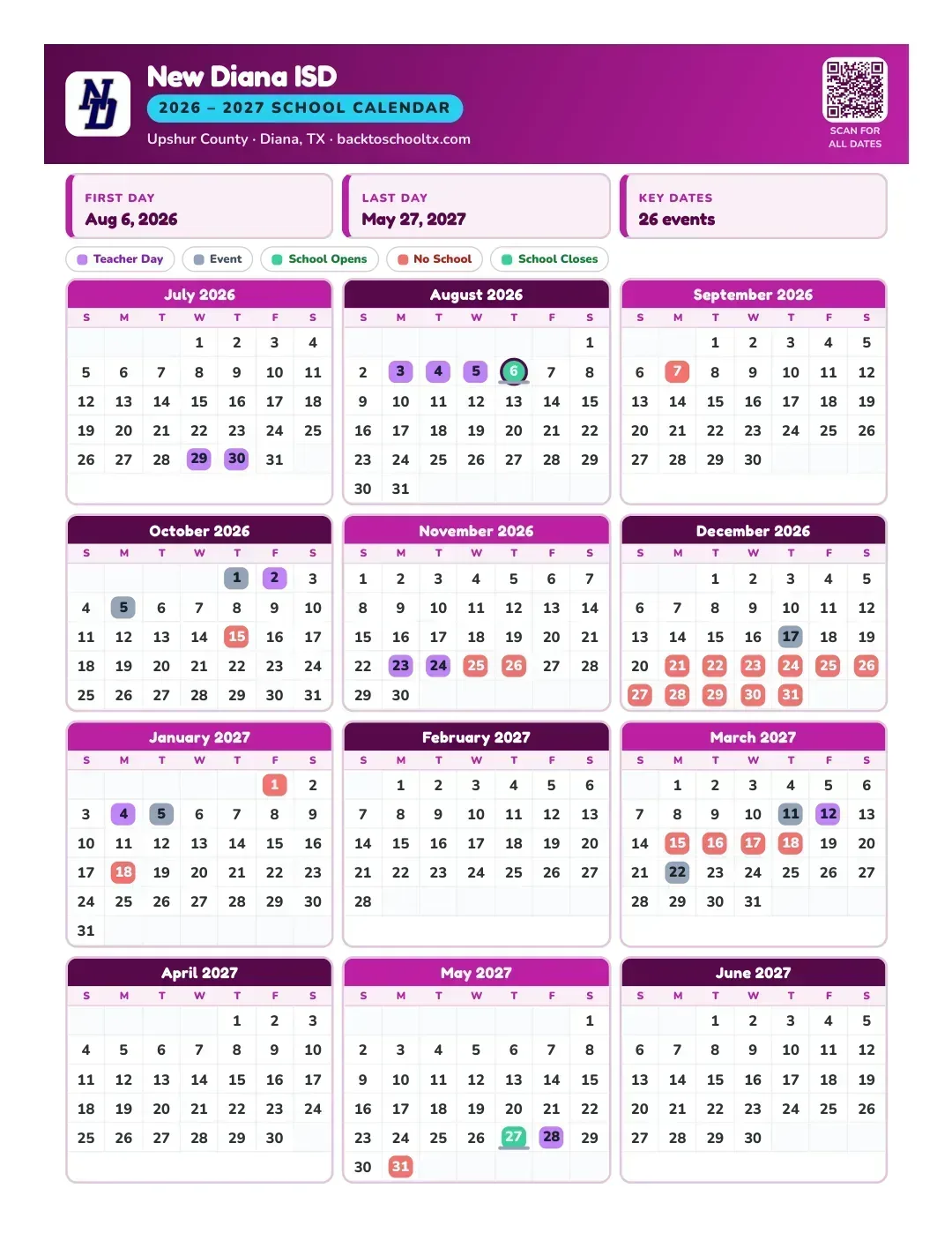 New Diana ISD Calendar for the Year 26-27