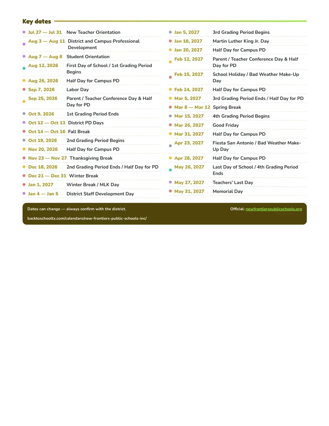 New Frontiers Public Schools Inc Calendar for the Year 26-27 — key dates