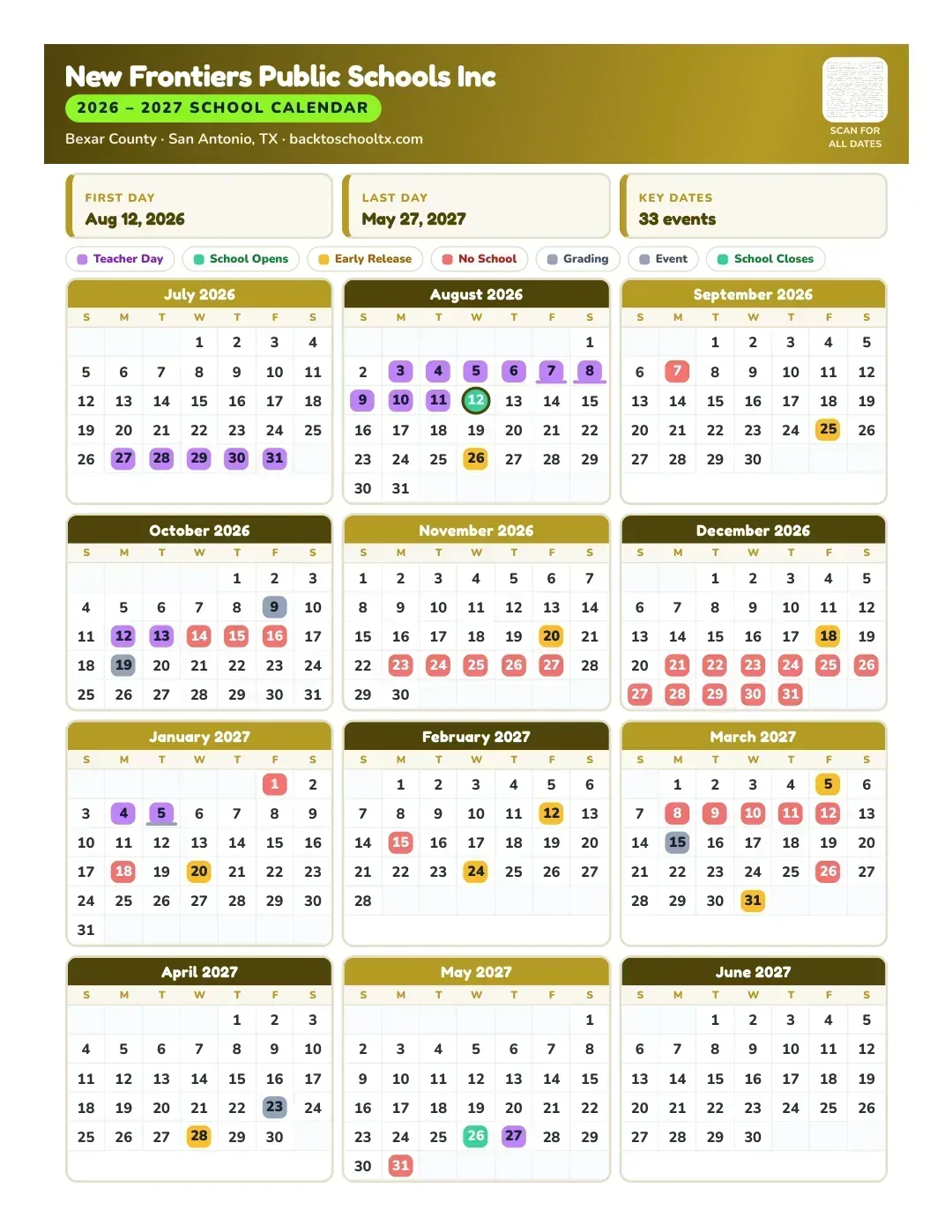 New Frontiers Public Schools Inc Calendar for the Year 26-27