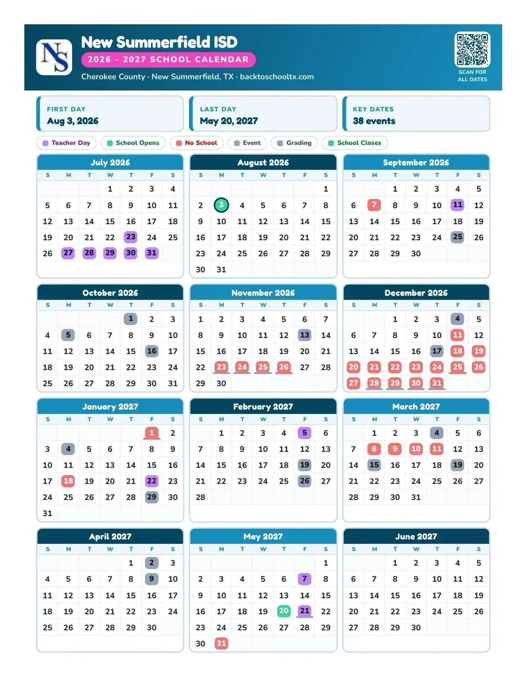 New Summerfield ISD Calendar for the Year 26-27