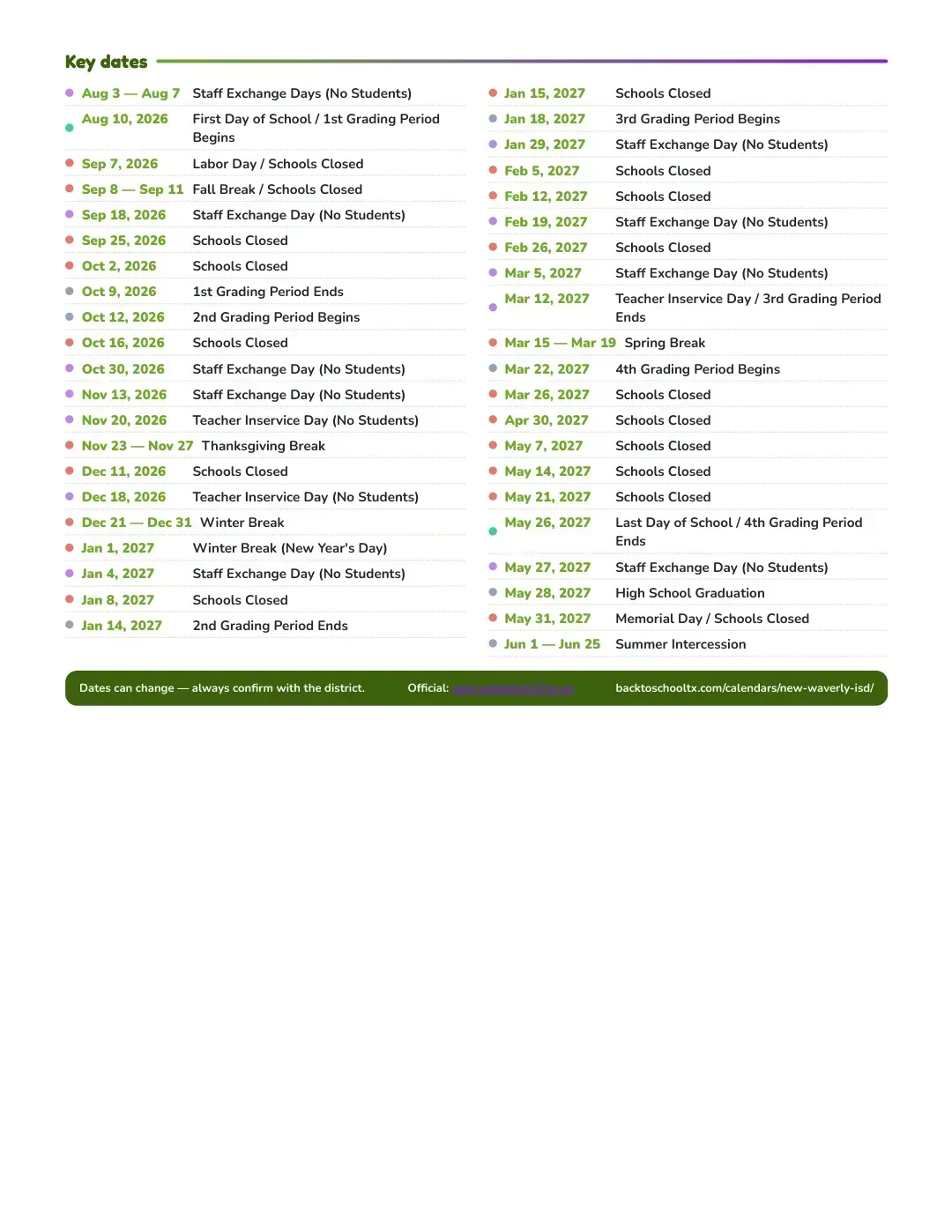 New Waverly ISD Calendar for the Year 26-27 — key dates