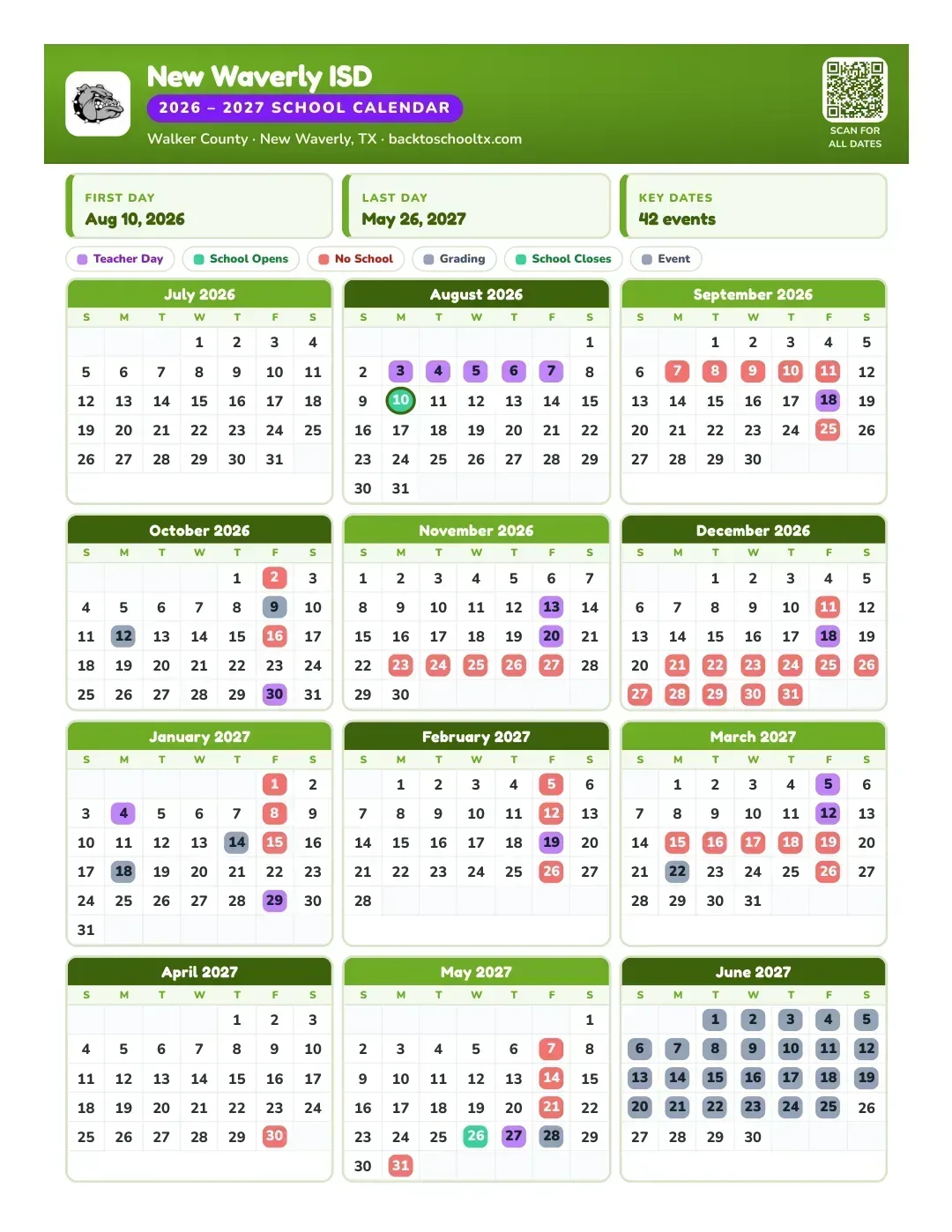 New Waverly ISD Calendar for the Year 26-27