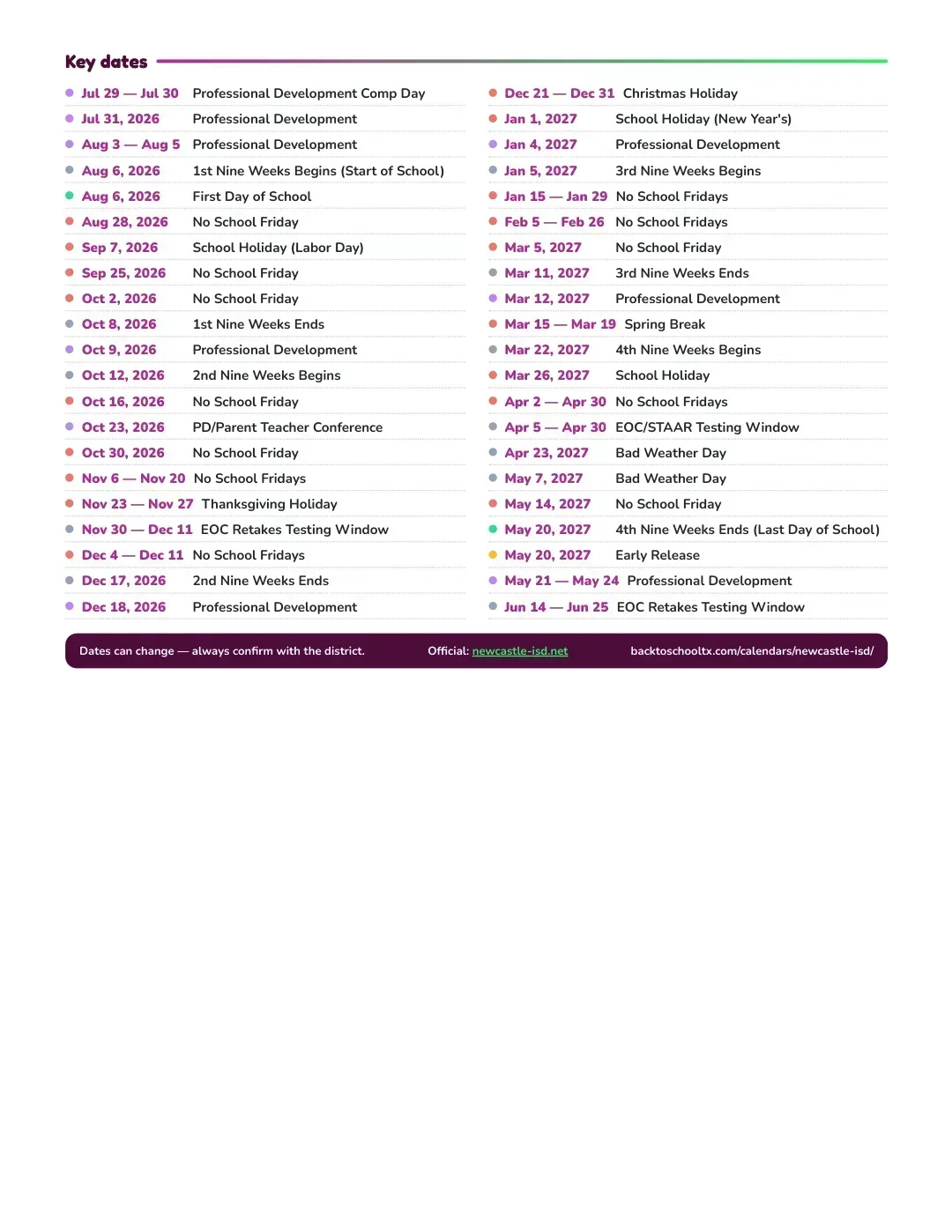 Newcastle ISD Calendar for the Year 26-27 — key dates