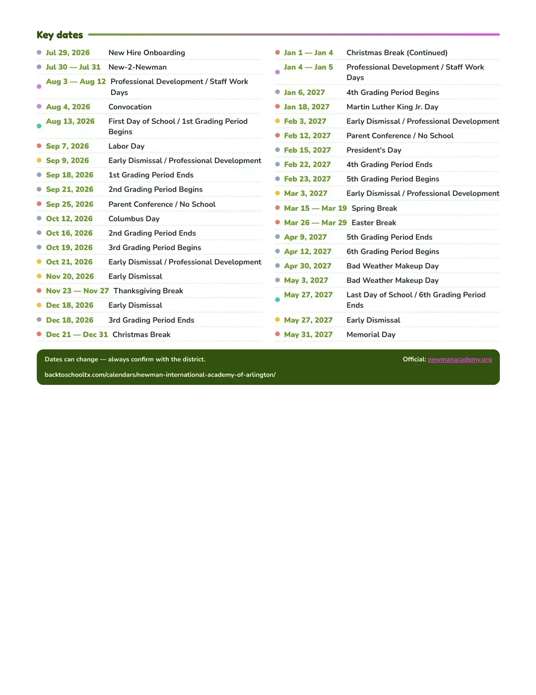 Newman International Academy Of Arlington Calendar for the Year 26-27 — key dates