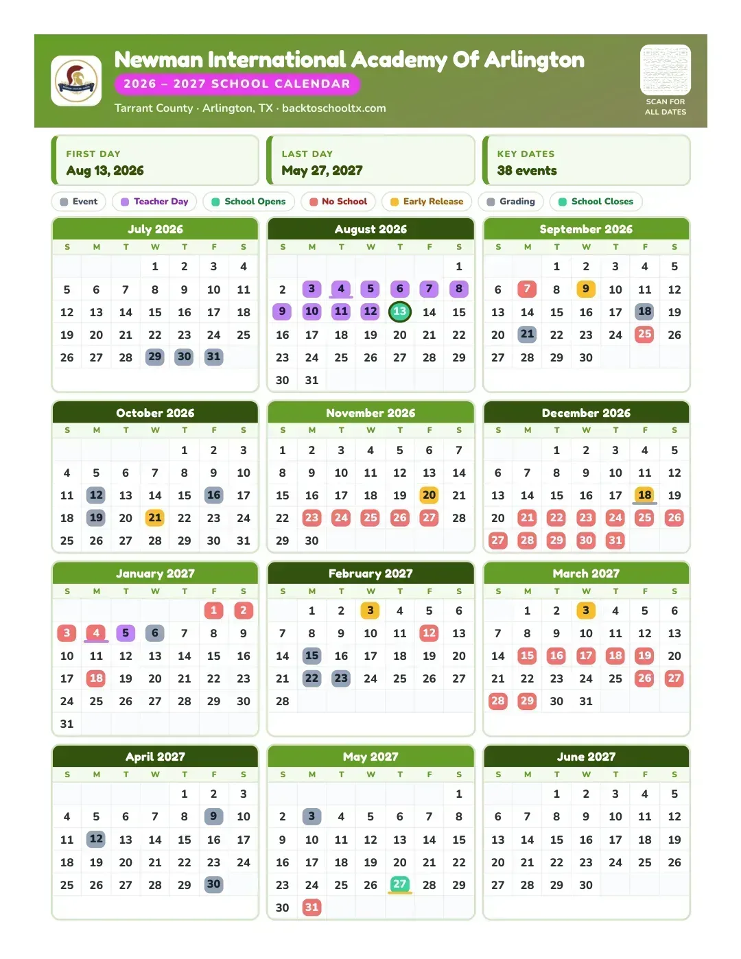 Newman International Academy Of Arlington Calendar for the Year 26-27
