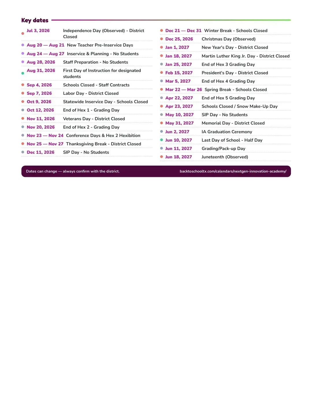 Nextgen Innovation Academy Calendar for the Year 26-27 — key dates