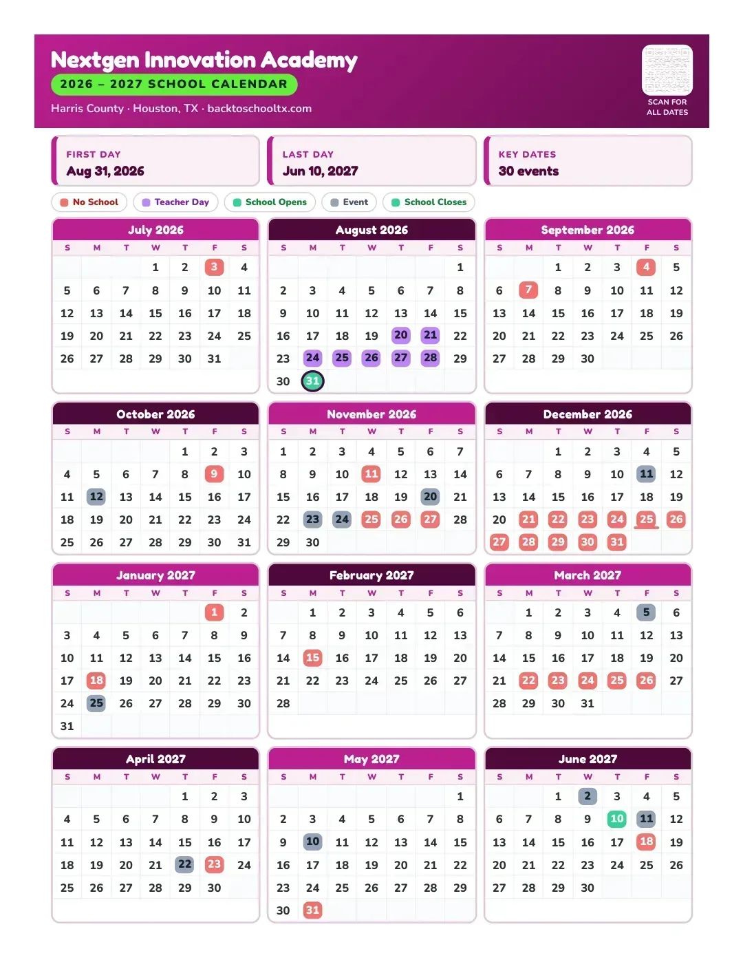 Nextgen Innovation Academy Calendar for the Year 26-27