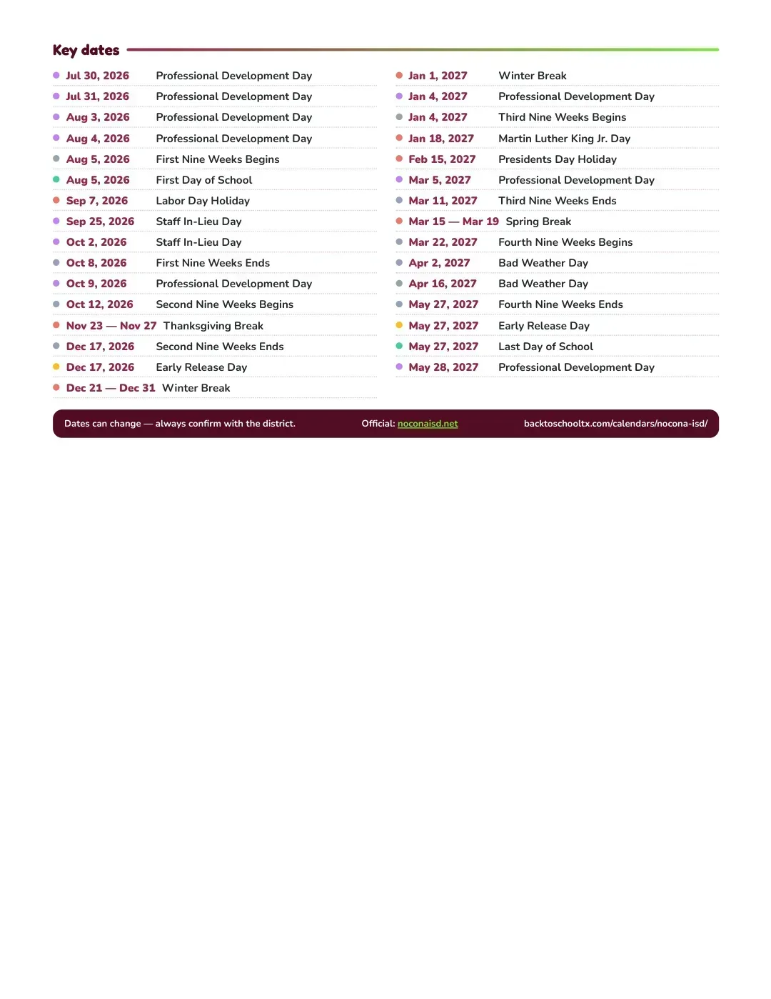 Nocona ISD Calendar for the Year 26-27 — key dates