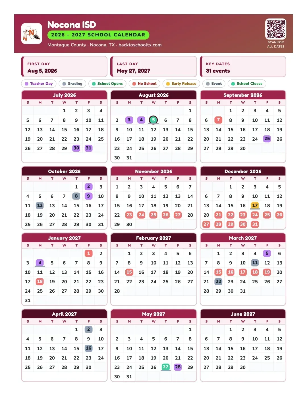 Nocona ISD Calendar for the Year 26-27