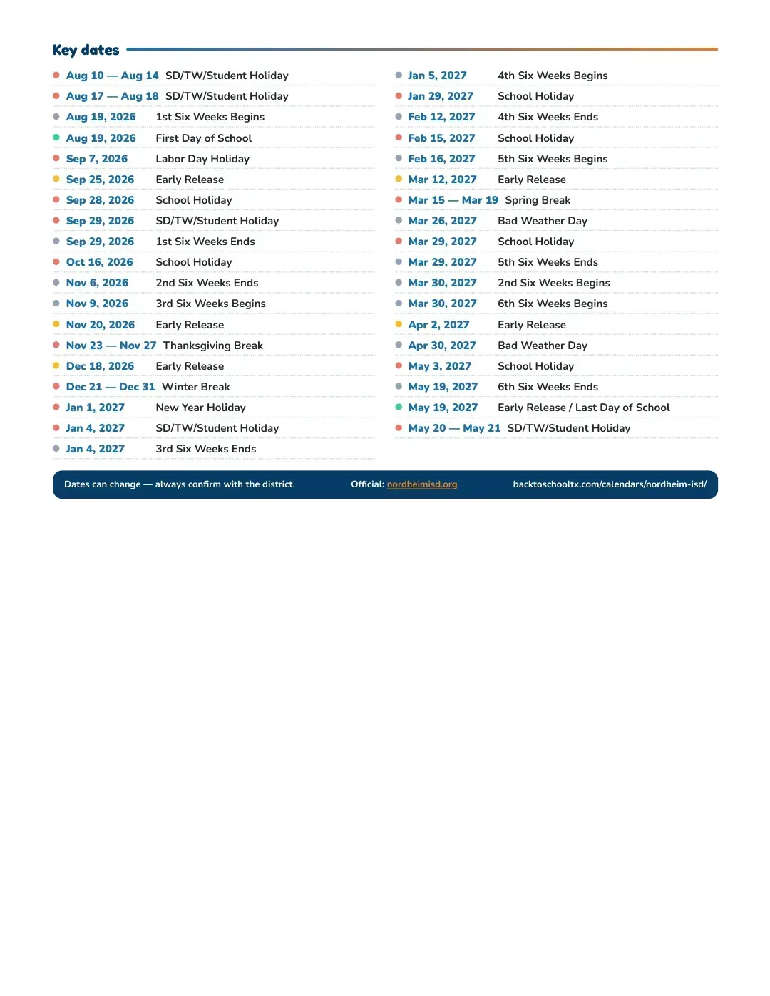 Nordheim ISD Calendar for the Year 26-27 — key dates