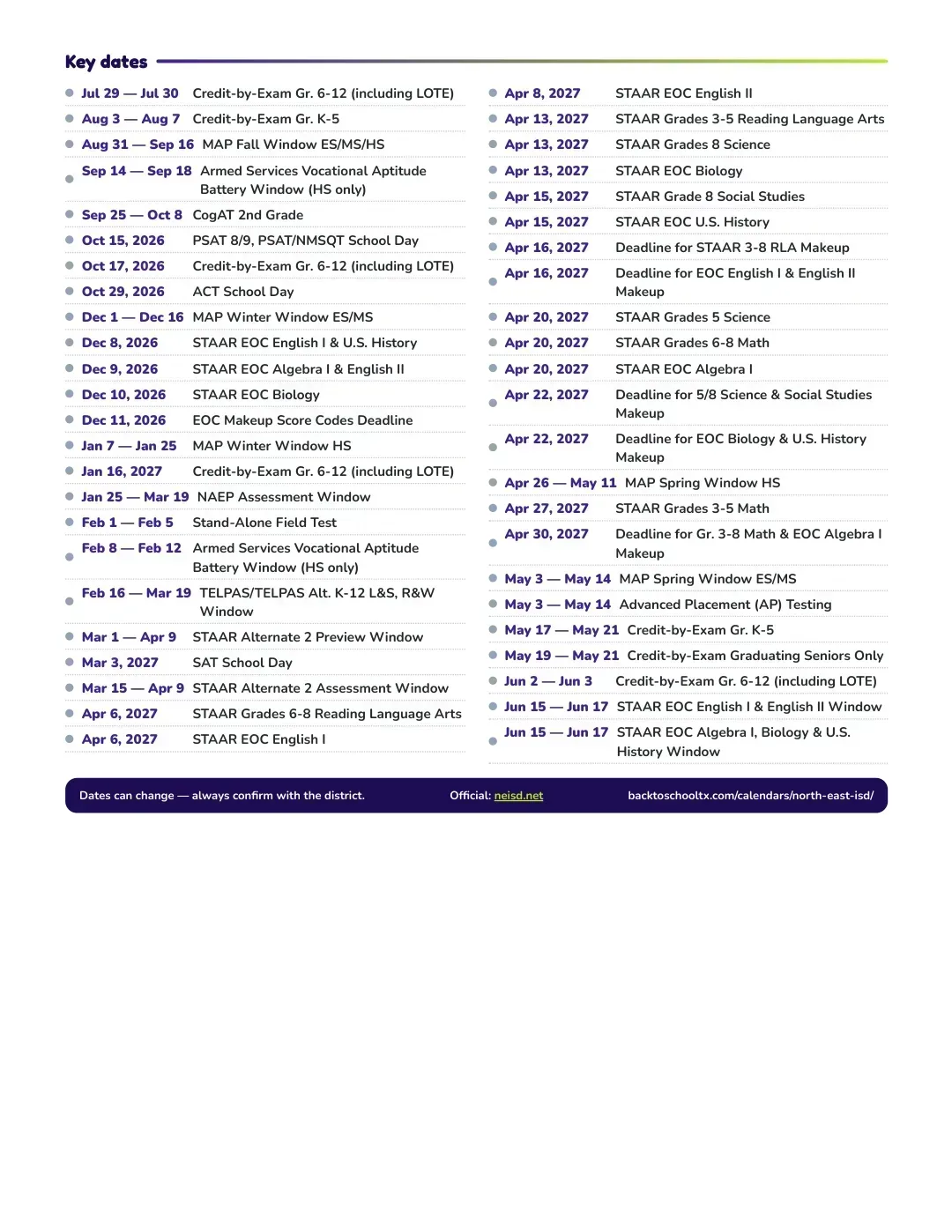 North East ISD Calendar for the Year 26-27 — key dates