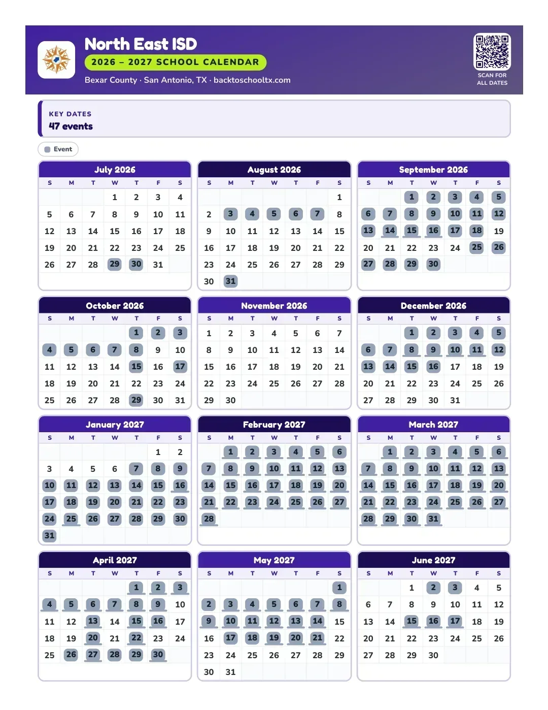 North East ISD 2026-2027 printable school calendar, page 1 of 2