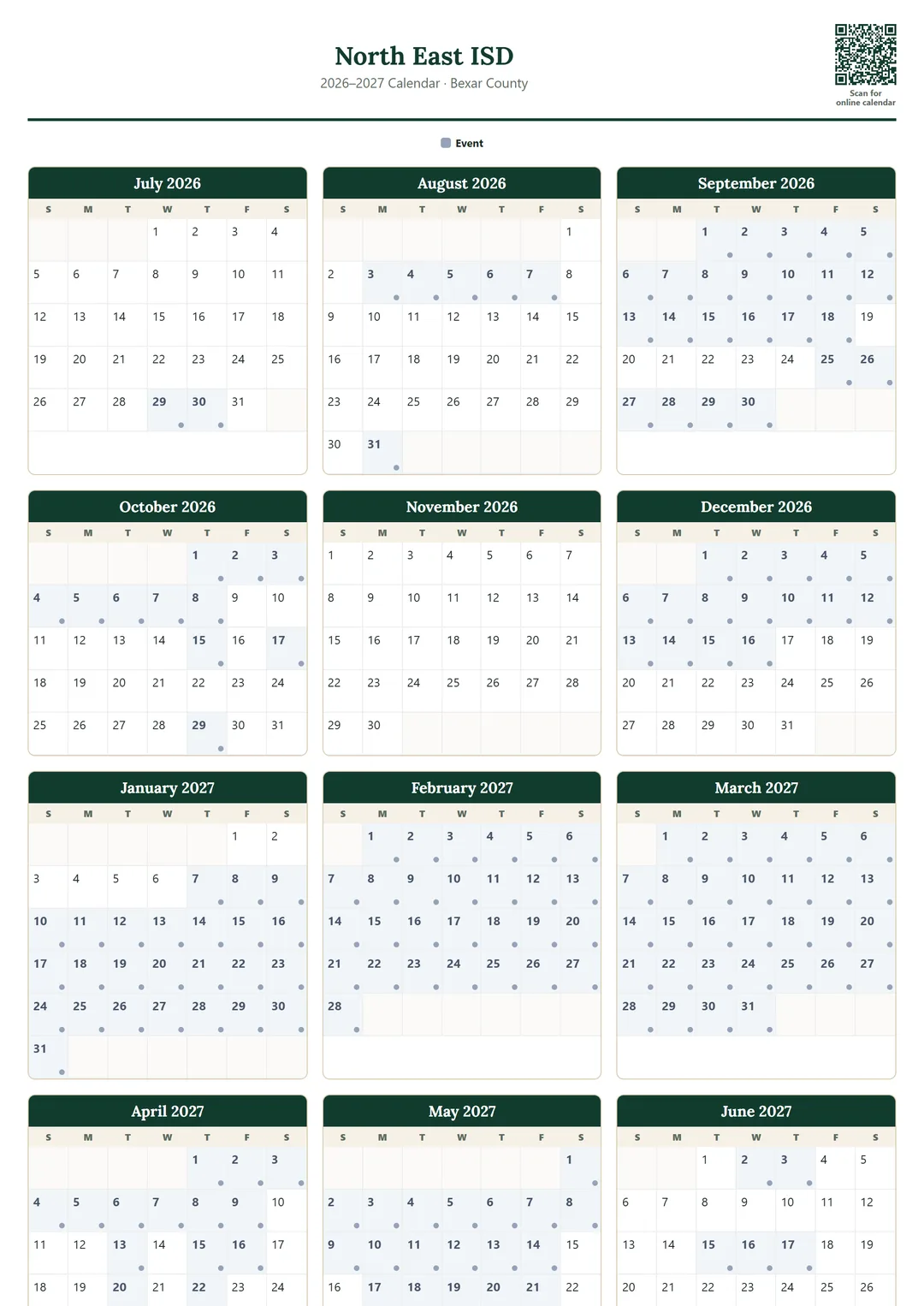 North East ISD printable 2026–2027 calendar