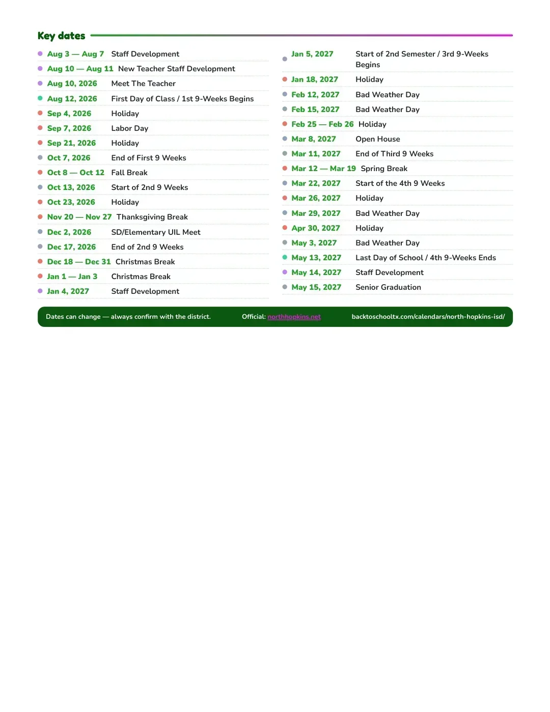 North Hopkins ISD Calendar for the Year 26-27 — key dates