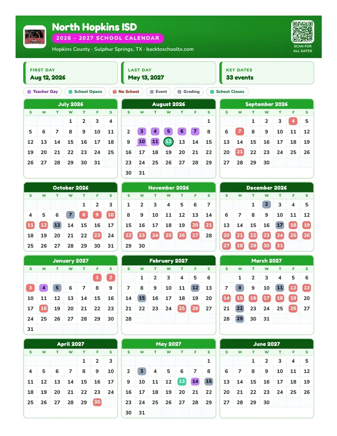 North Hopkins ISD Calendar for the Year 26-27