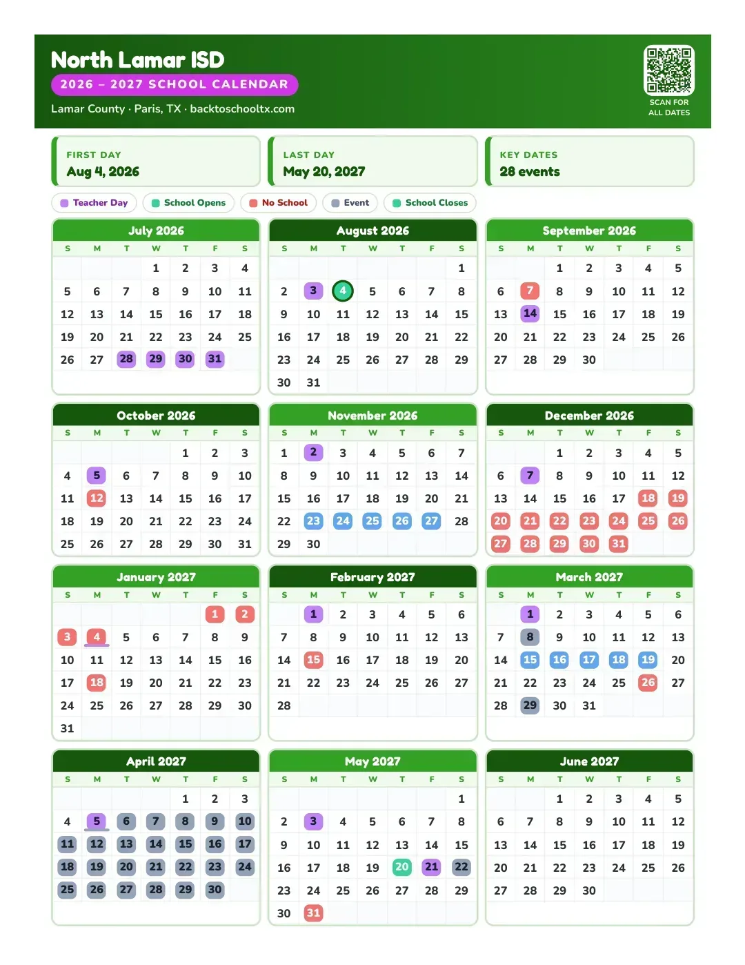 North Lamar ISD Calendar for the Year 26-27