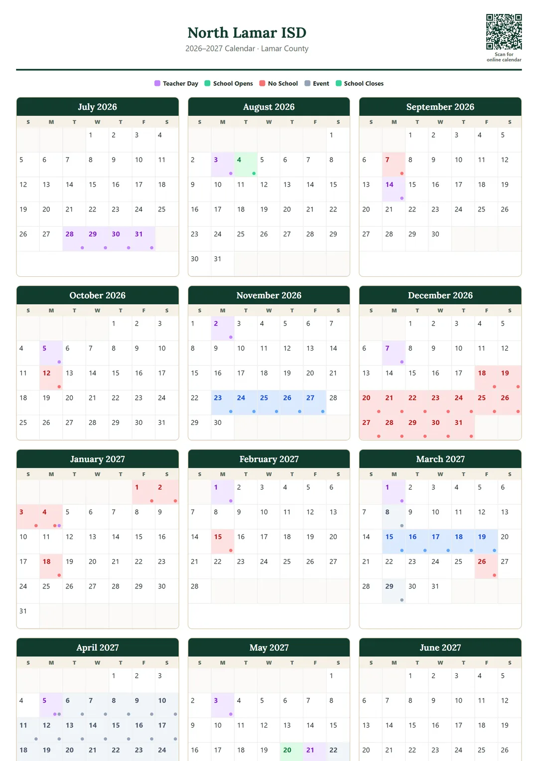 North Lamar ISD printable 2026–2027 calendar