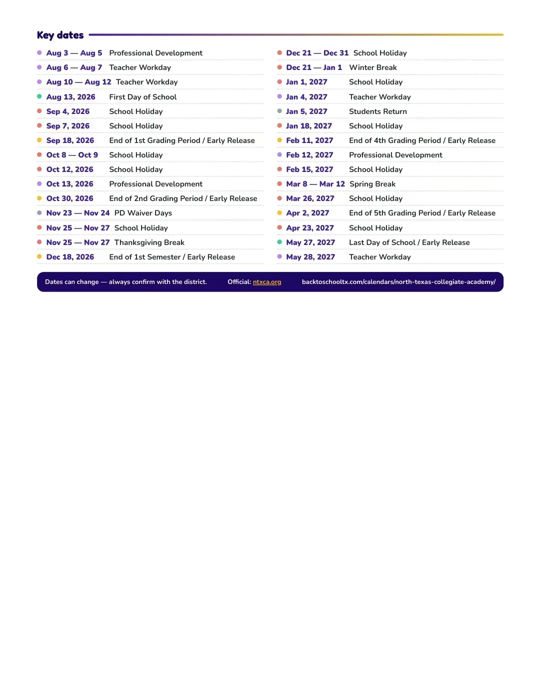 North Texas Collegiate Academy Calendar for the Year 26-27 — key dates