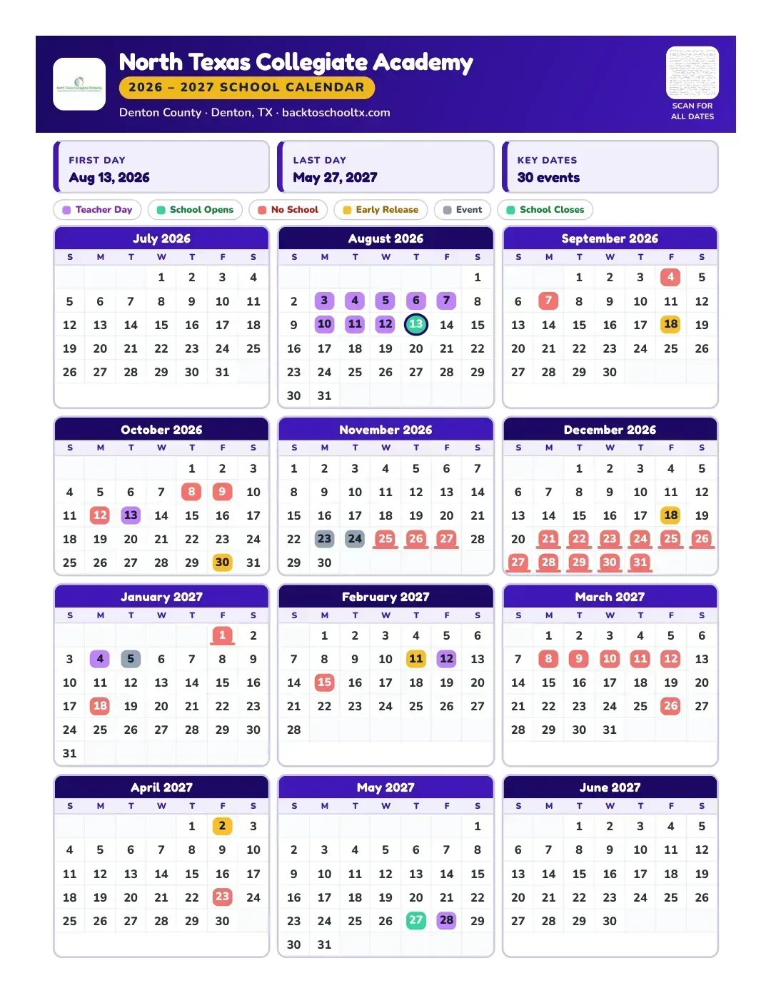 North Texas Collegiate Academy Calendar for the Year 26-27