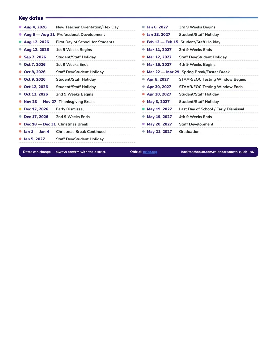 North Zulch ISD Calendar for the Year 26-27 — key dates