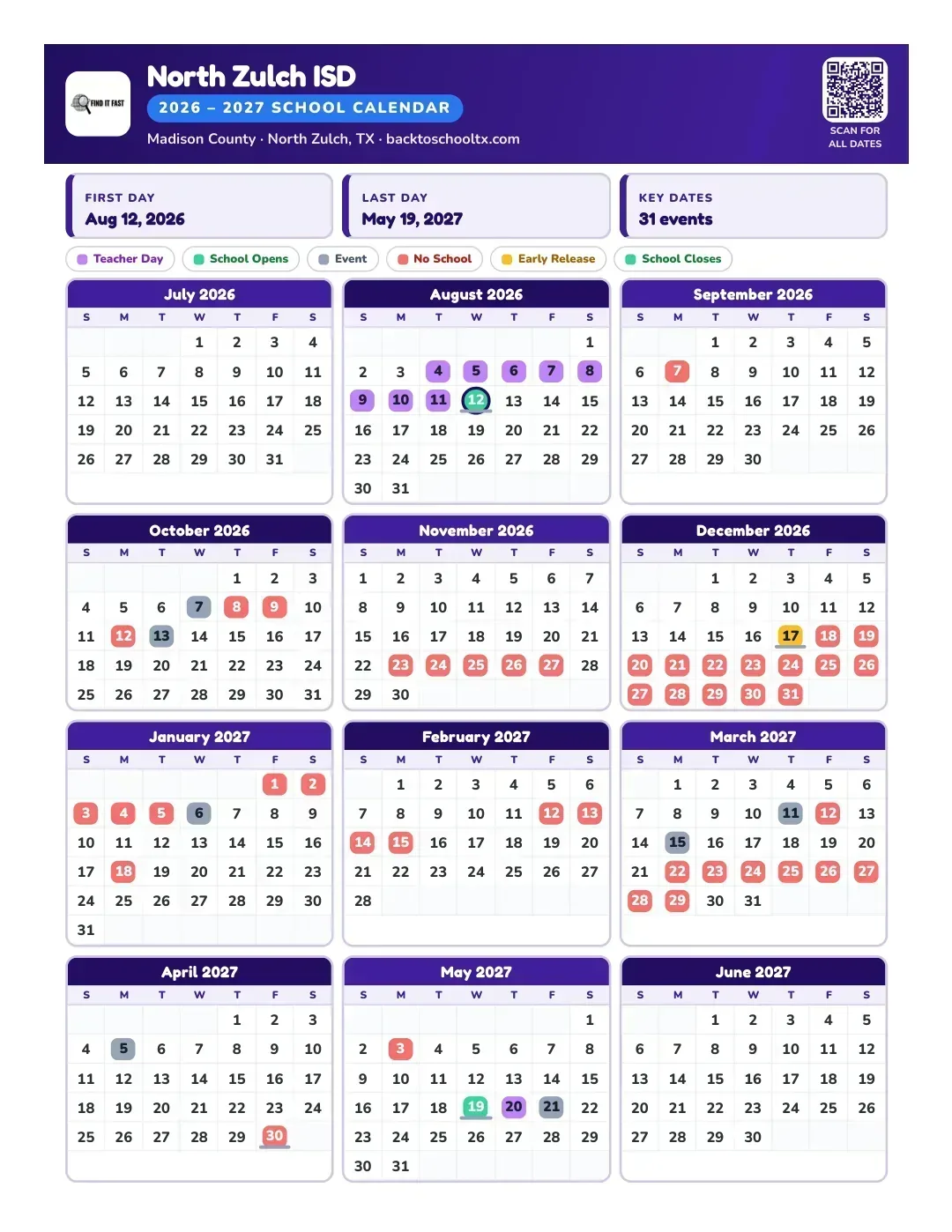 North Zulch ISD Calendar for the Year 26-27