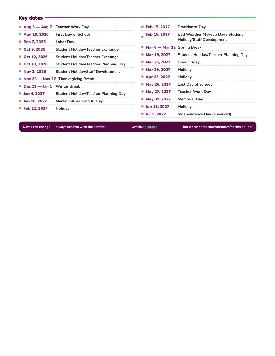 Northside ISD Calendar for the Year 26-27 — key dates