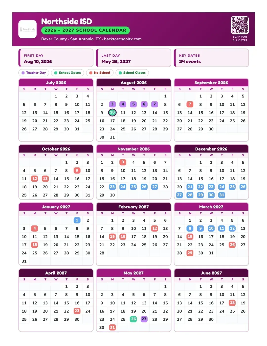 Northside ISD Calendar for the Year 26-27