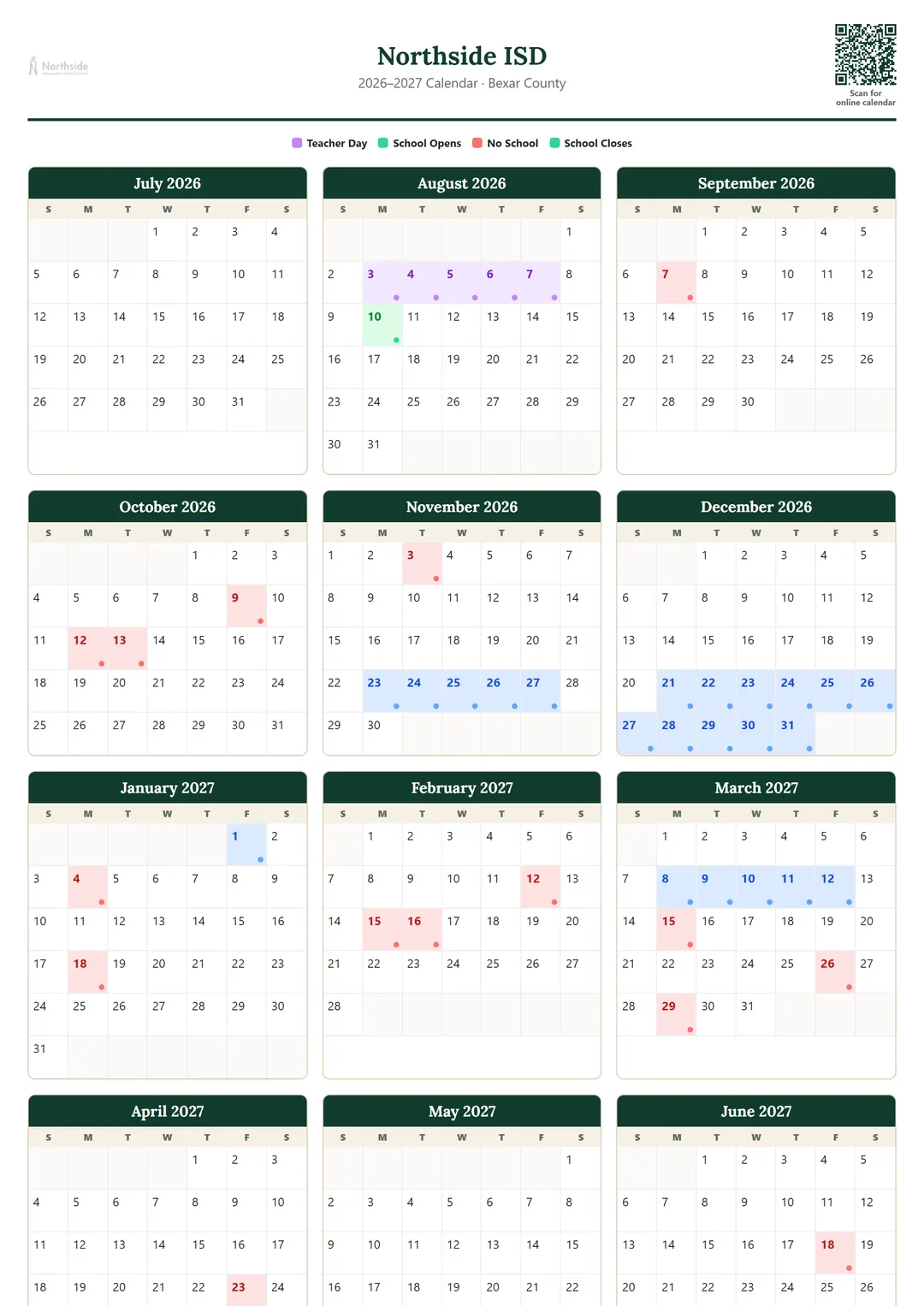 Northside ISD printable 2026–2027 calendar