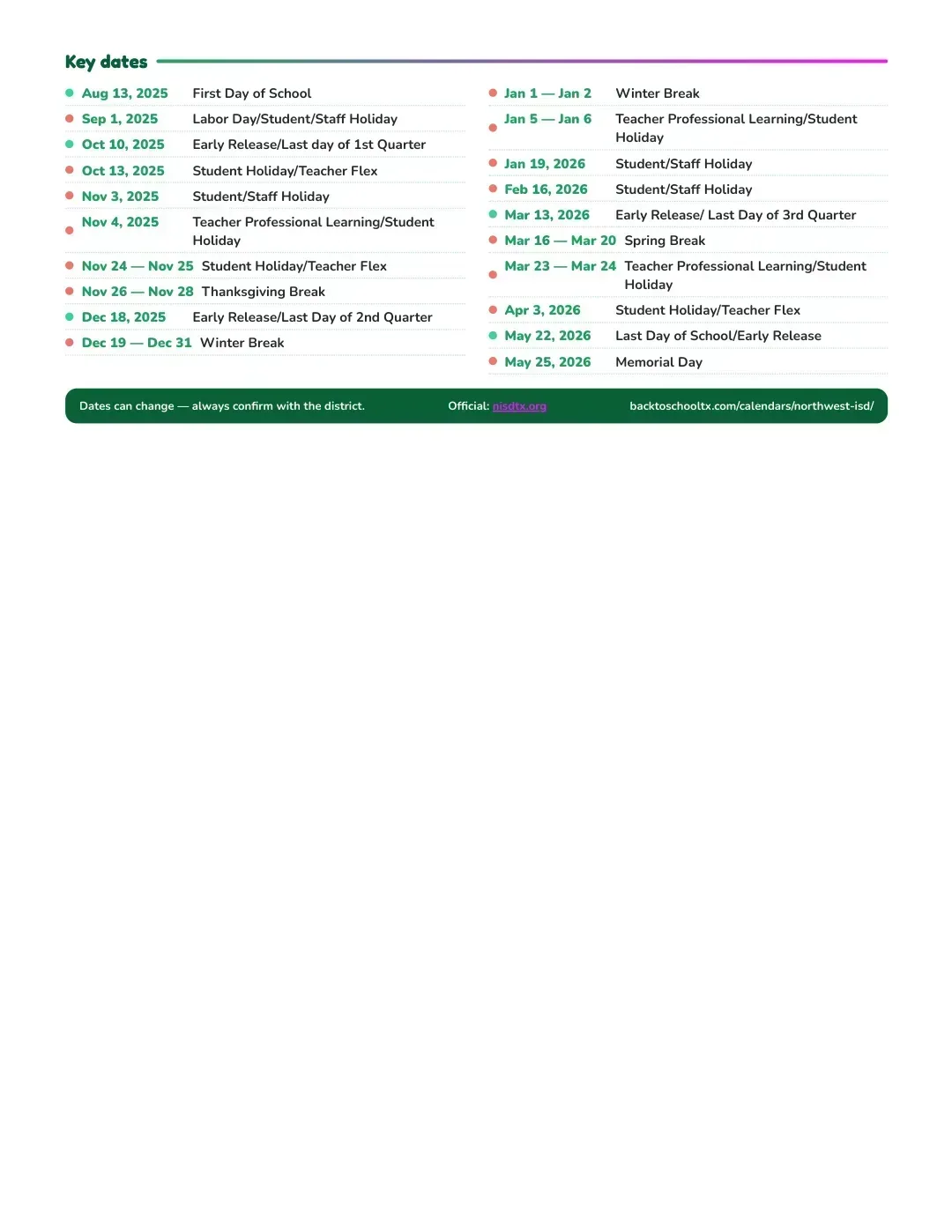 Northwest ISD Calendar for the Year 26-27 — key dates