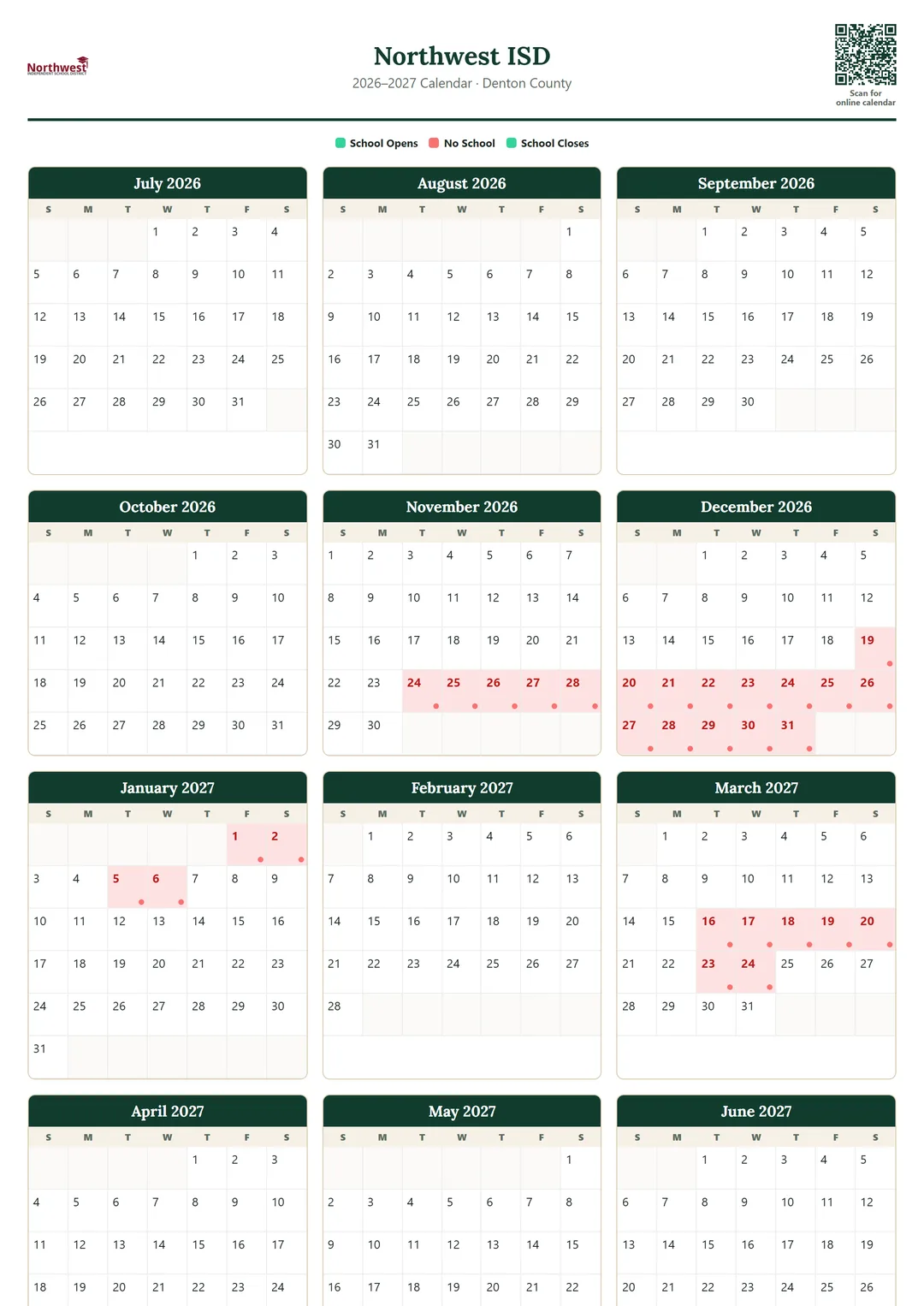 Northwest ISD printable 2026–2027 calendar