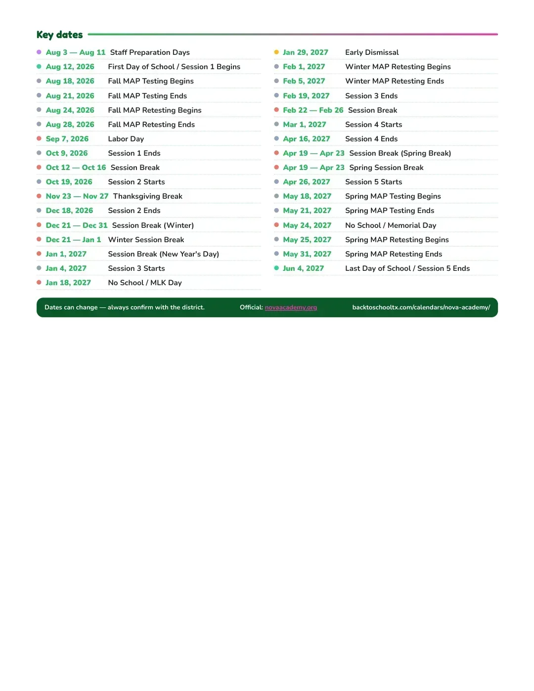 Nova Academy Calendar for the Year 26-27 — key dates