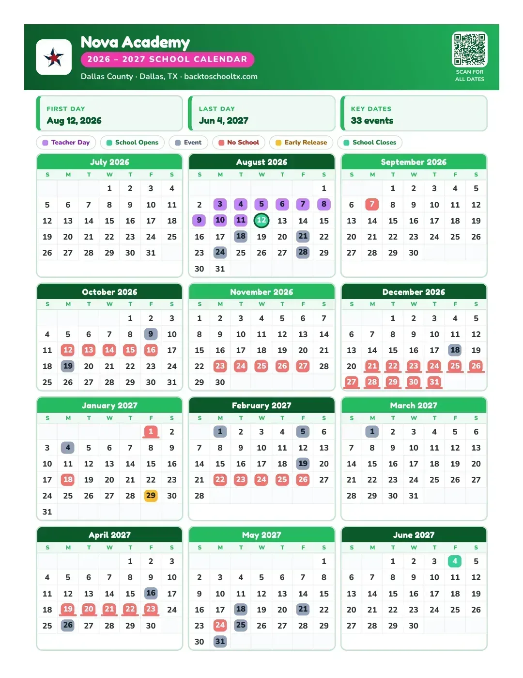 Nova Academy Calendar for the Year 26-27