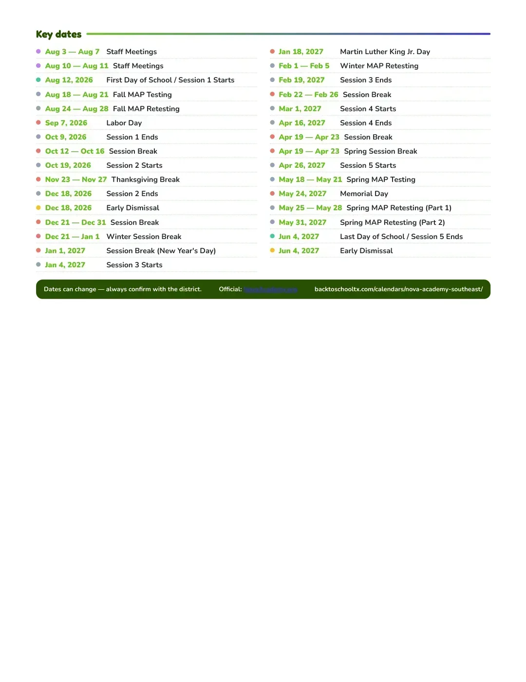 Nova Academy Southeast Calendar for the Year 26-27 — key dates
