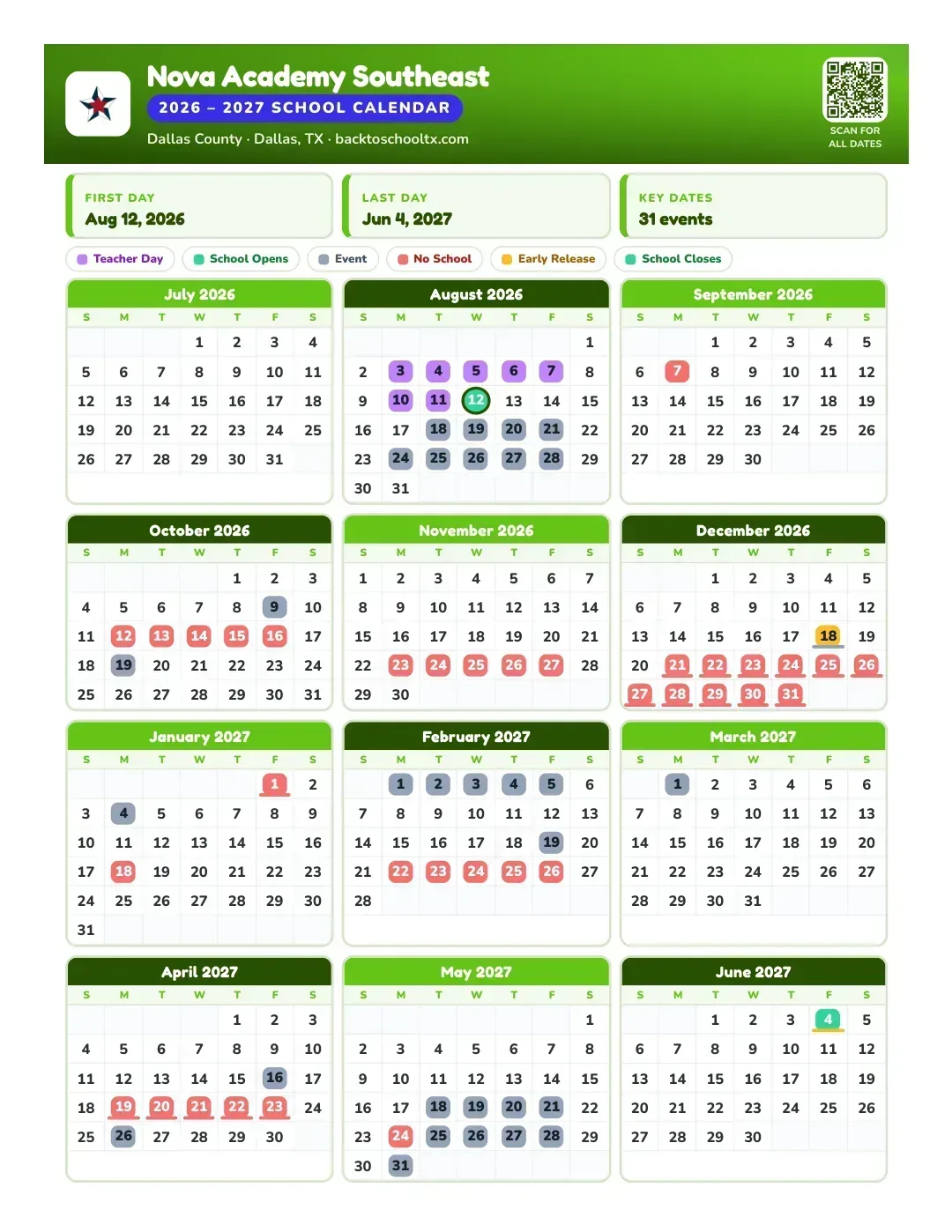 Nova Academy Southeast Calendar for the Year 26-27