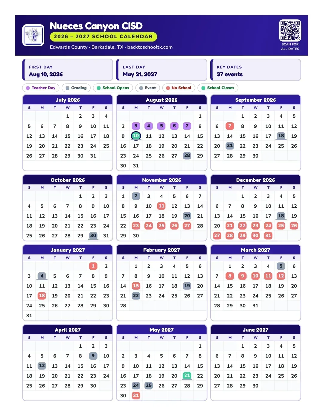 Nueces Canyon CISD Calendar for the Year 26-27