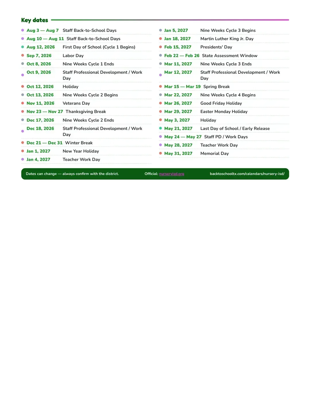 Nursery ISD Calendar for the Year 26-27 — key dates
