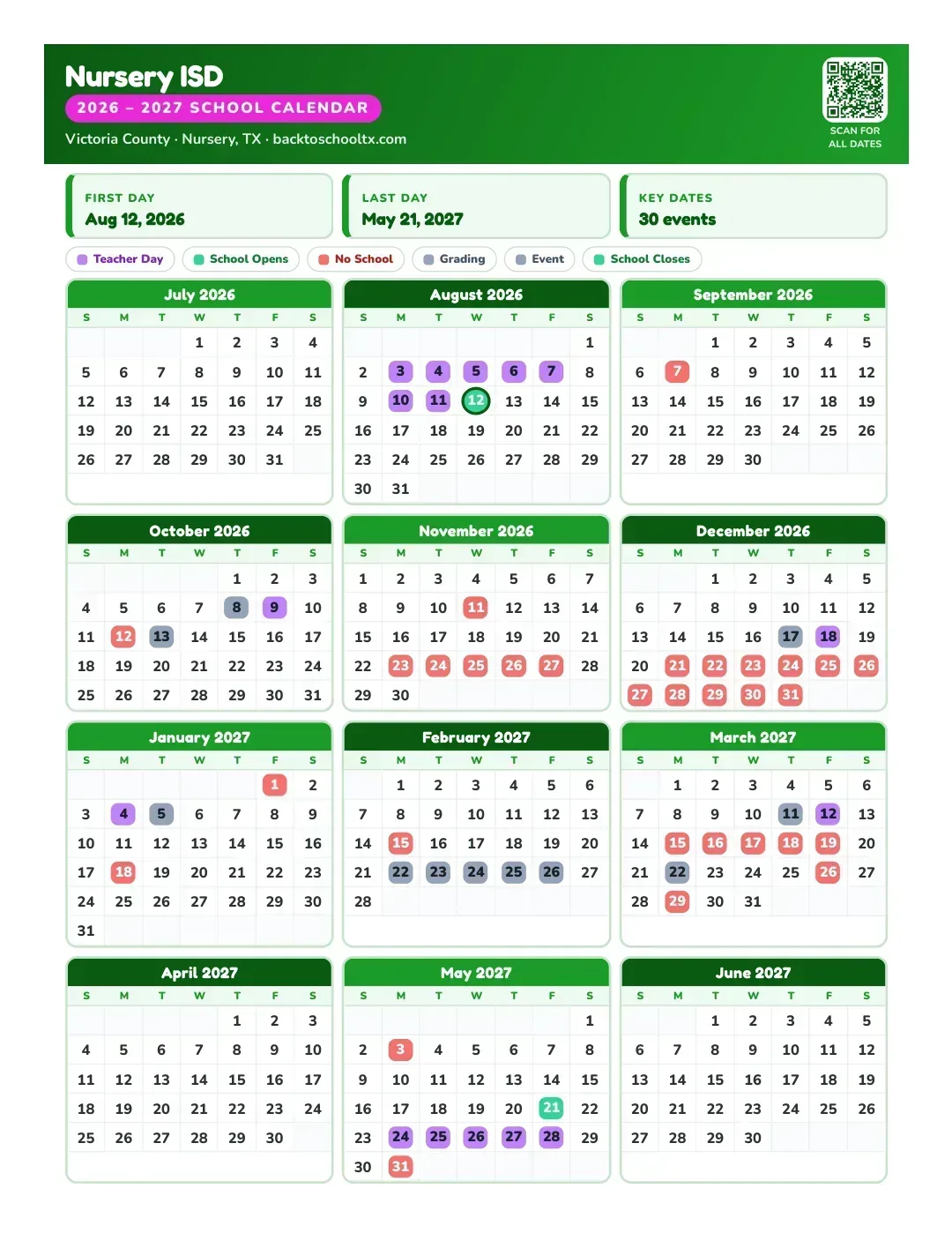 Nursery ISD Calendar for the Year 26-27