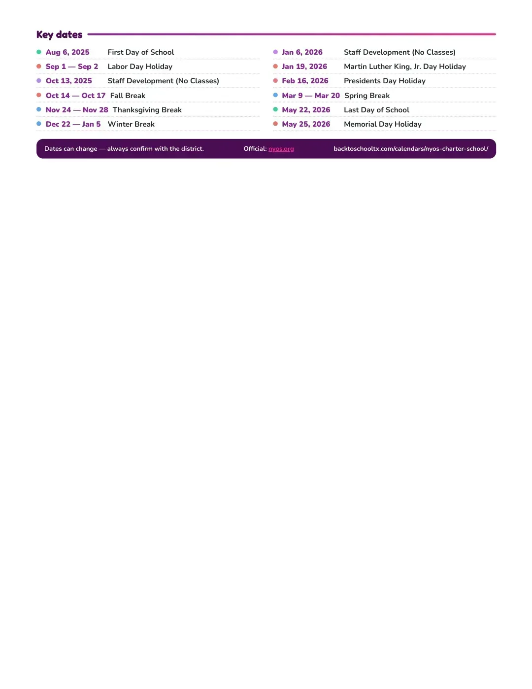 Nyos Charter School Calendar for the Year 26-27 — key dates