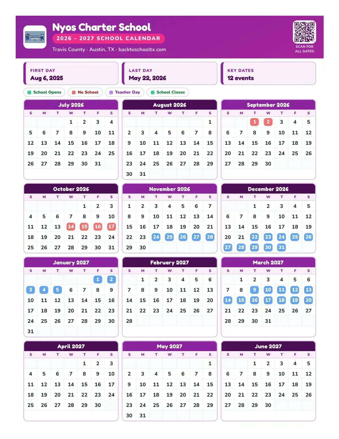 Nyos Charter School Calendar for the Year 26-27