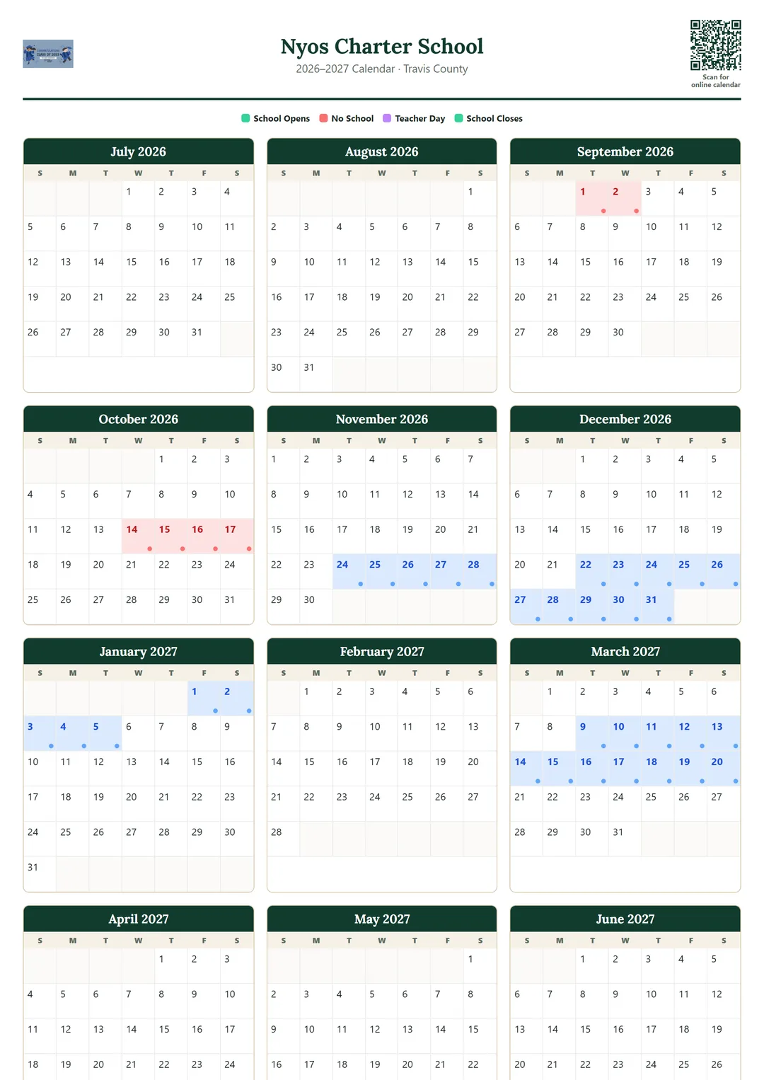 Nyos Charter School printable 2026–2027 calendar