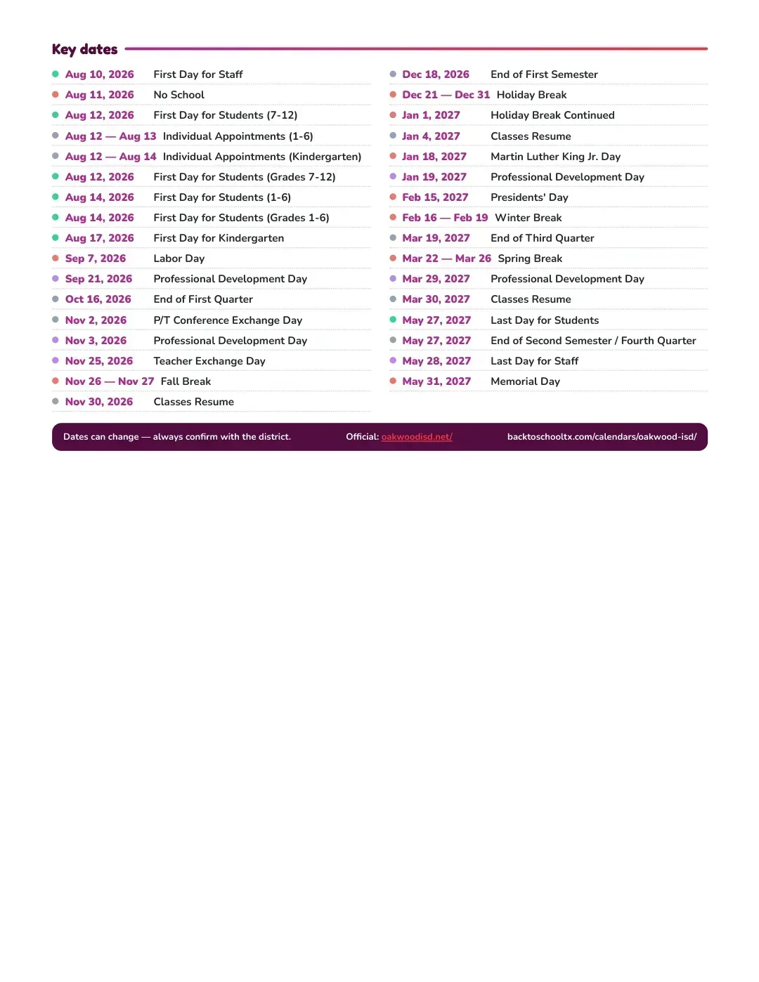 Oakwood ISD Calendar for the Year 26-27 — key dates